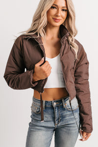 Snow Calls Cropped Bomber Jacket (Espresso) - NanaMacs