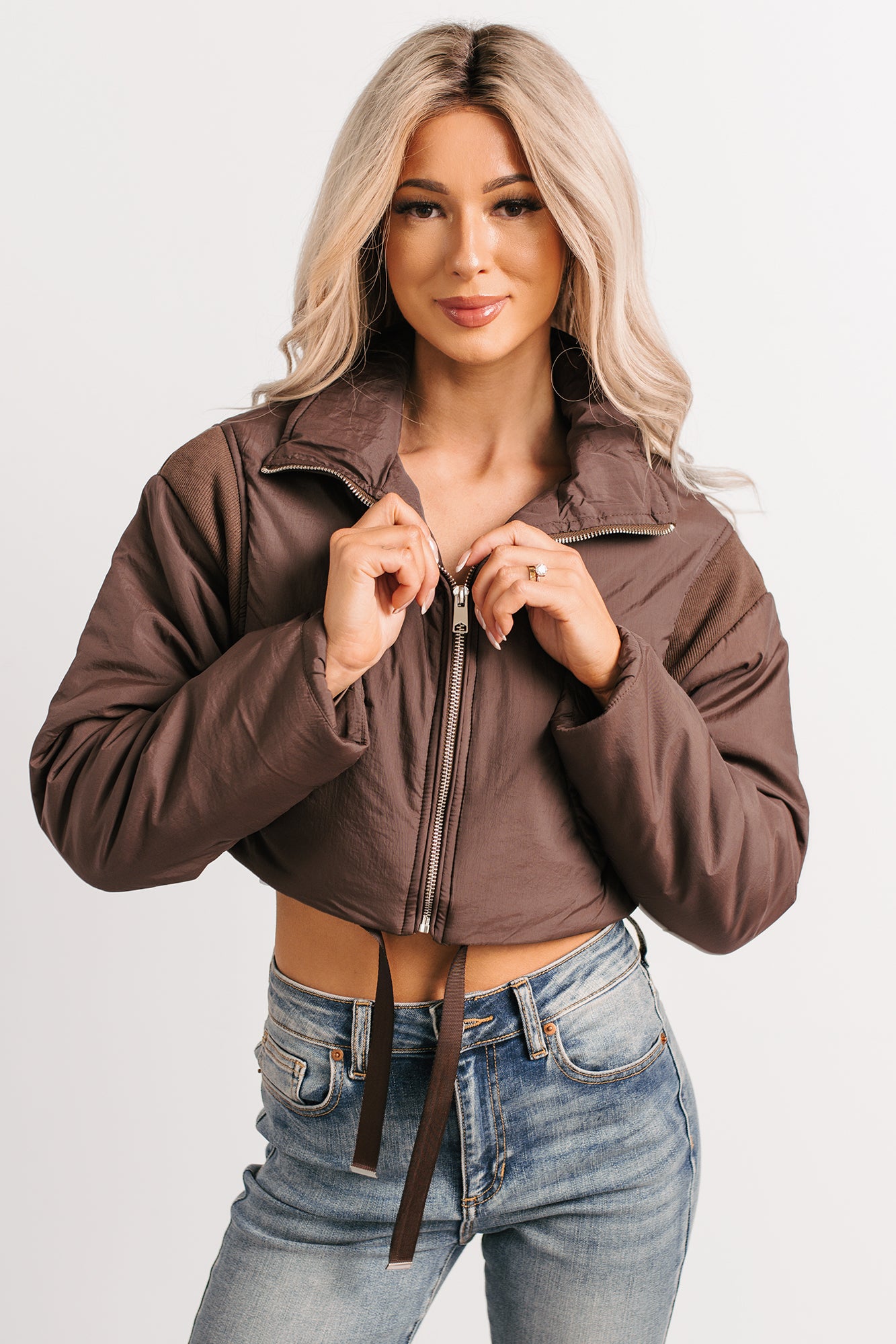 Snow Calls Cropped Bomber Jacket (Espresso) - NanaMacs