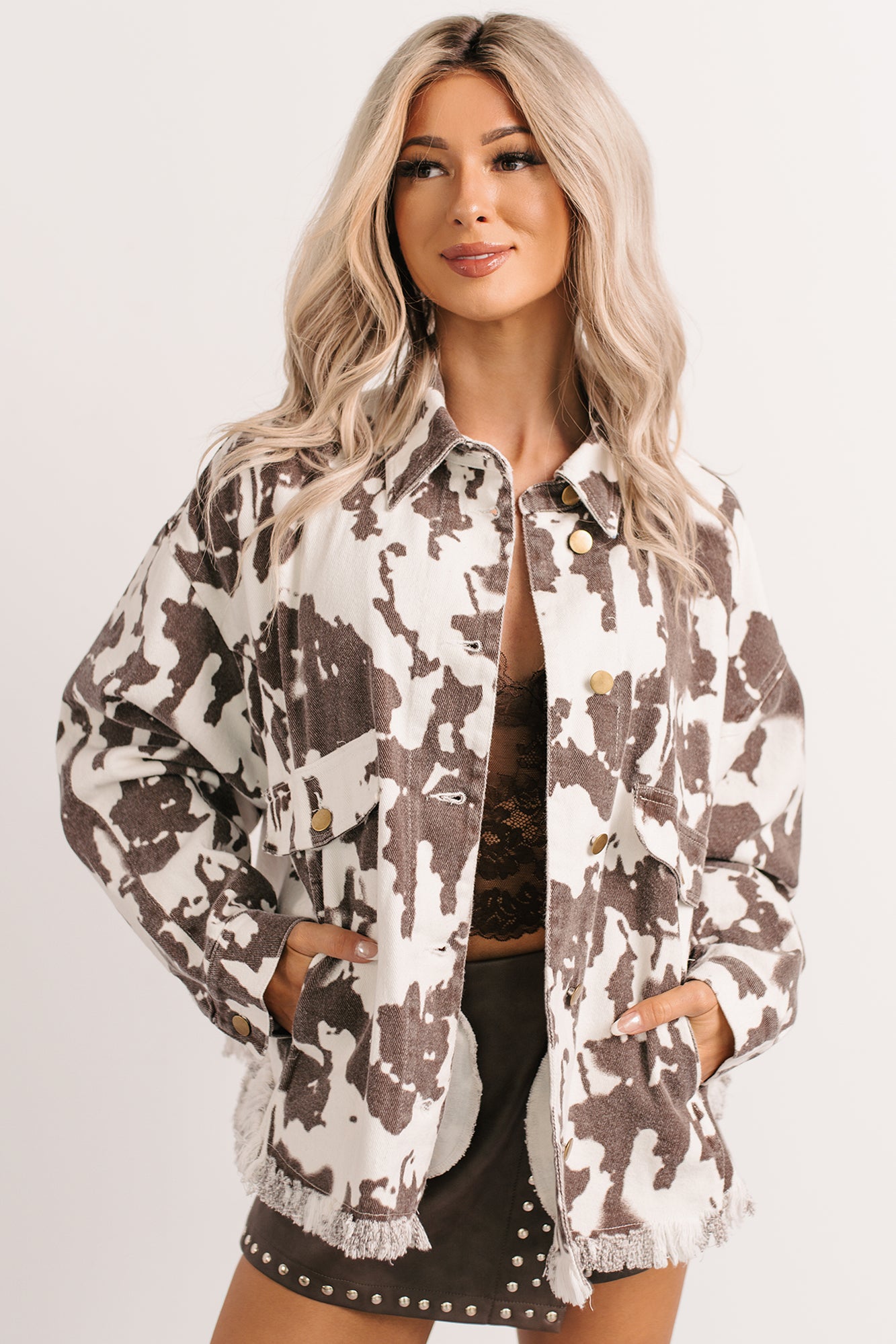 Cowgirl Spirit Oversized Raw Hem Shacket (Taupe Cow) - NanaMacs