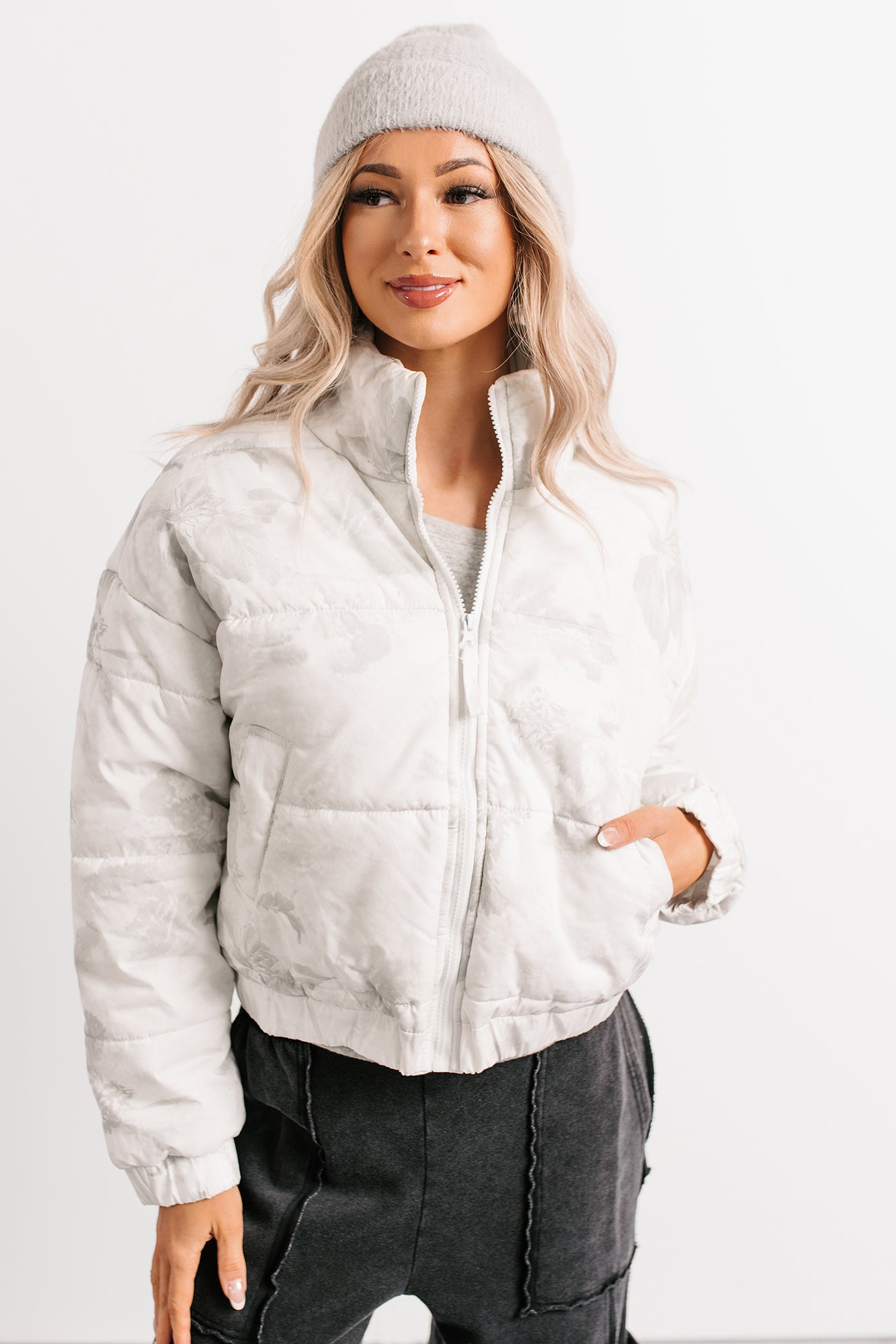 Winter Blooms Floral Puffer Jacket (White/Grey) - NanaMacs