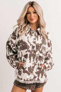 Cowgirl Spirit Oversized Raw Hem Shacket (Taupe Cow) - NanaMacs