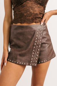 All For Me Faux Leather Studded Mini Skort (Brown) - NanaMacs