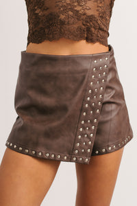 All For Me Faux Leather Studded Mini Skort (Brown) - NanaMacs