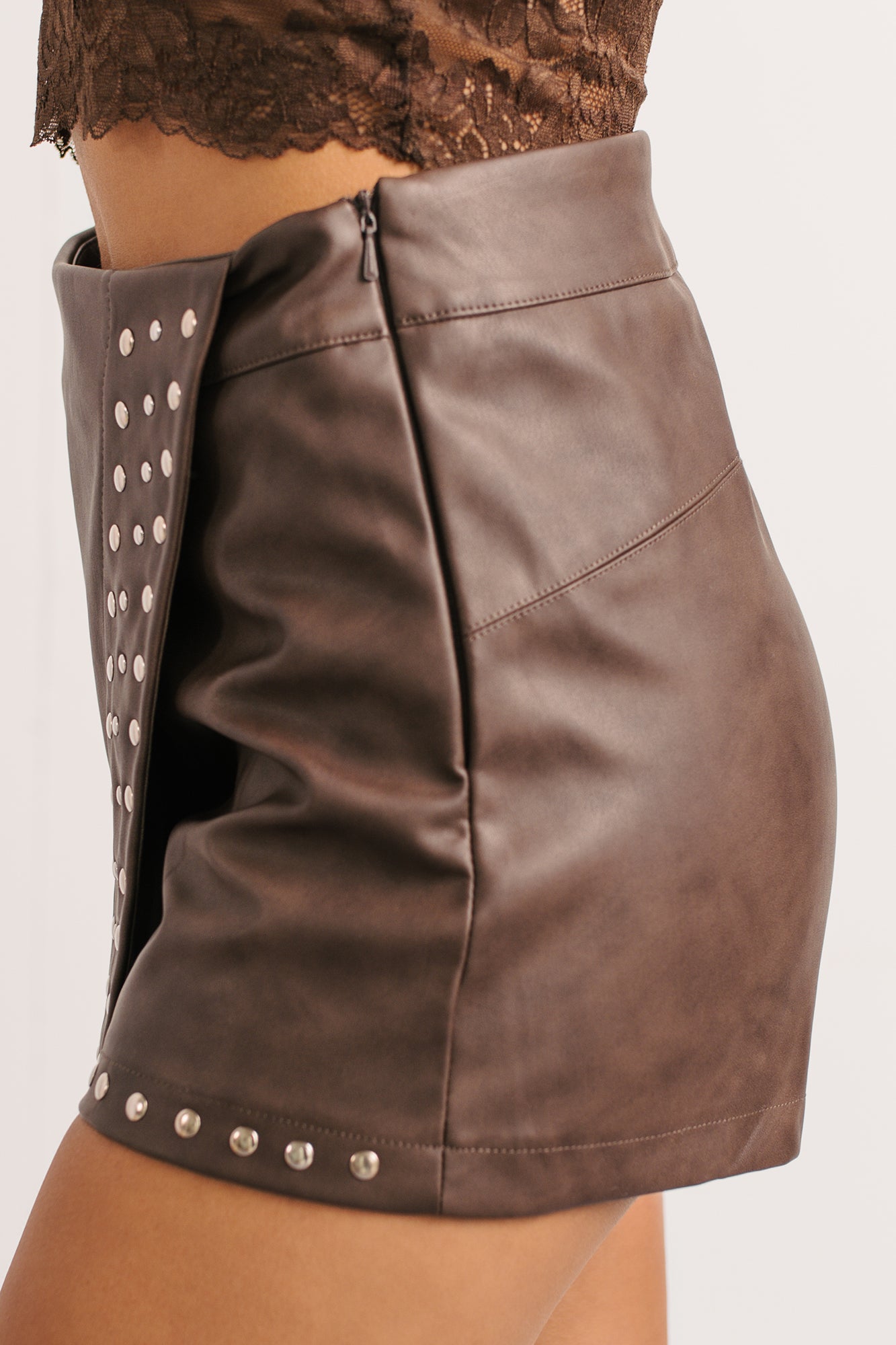 All For Me Faux Leather Studded Mini Skort (Brown) - NanaMacs