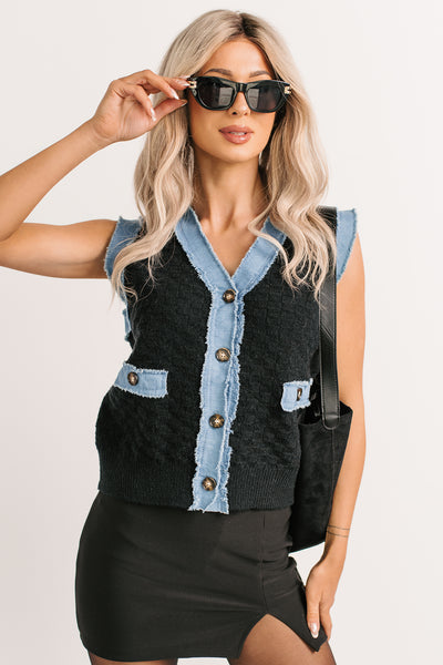 Born For Bold Striped Denim Trim Vest Top (Black)