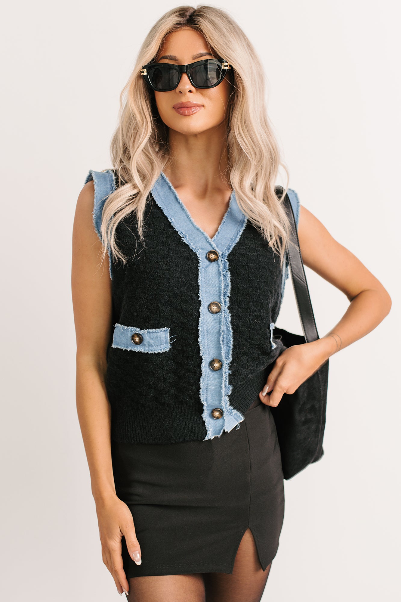 Born For Bold Striped Denim Trim Vest Top (Black) - NanaMacs