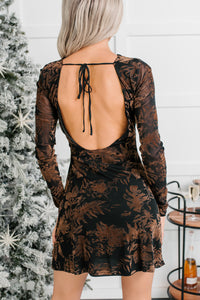 Flirty Rush Floral Long Sleeve Mini Dress (Brown) - NanaMacs