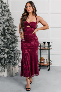 Late Night Lights Floral Halter Midi Dress (Wine) - NanaMacs