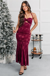 Late Night Lights Floral Halter Midi Dress (Wine) - NanaMacs