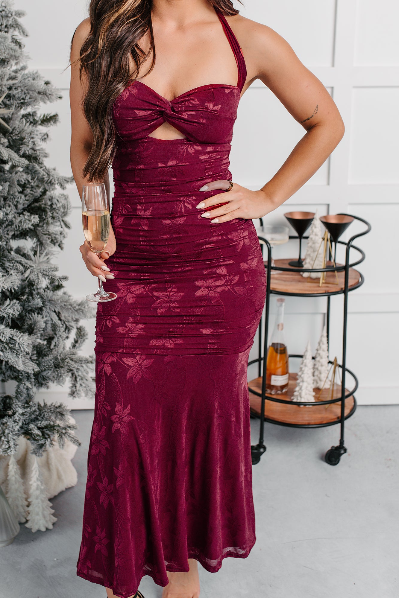 Late Night Lights Floral Halter Midi Dress (Wine) - NanaMacs