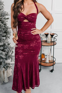 Late Night Lights Floral Halter Midi Dress (Wine) - NanaMacs