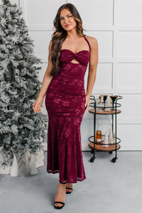 Late Night Lights Floral Halter Midi Dress (Wine) - NanaMacs