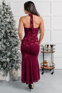 Late Night Lights Floral Halter Midi Dress (Wine) - NanaMacs