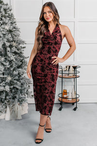 Champagne Mood Floral Halter Midi Dress (Burgundy) - NanaMacs