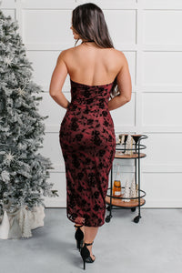 Champagne Mood Floral Halter Midi Dress (Burgundy) - NanaMacs