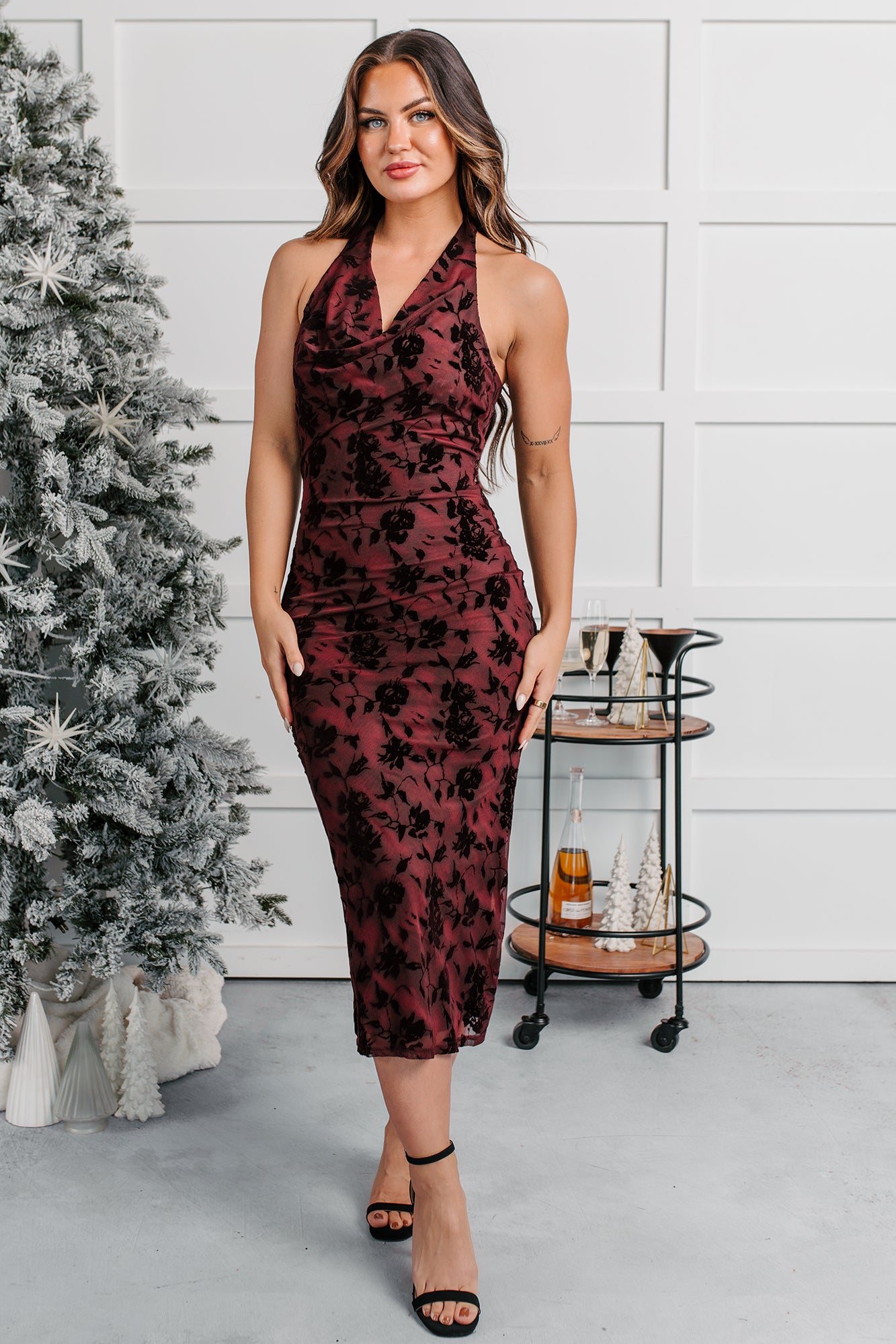 Champagne Mood Floral Halter Midi Dress (Burgundy) - NanaMacs