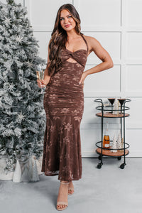 Late Night Lights Floral Halter Midi Dress (Chocolate) - NanaMacs