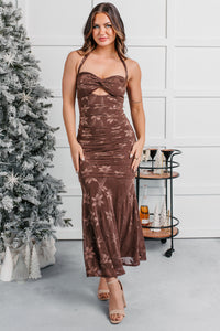 Late Night Lights Floral Halter Midi Dress (Chocolate) - NanaMacs