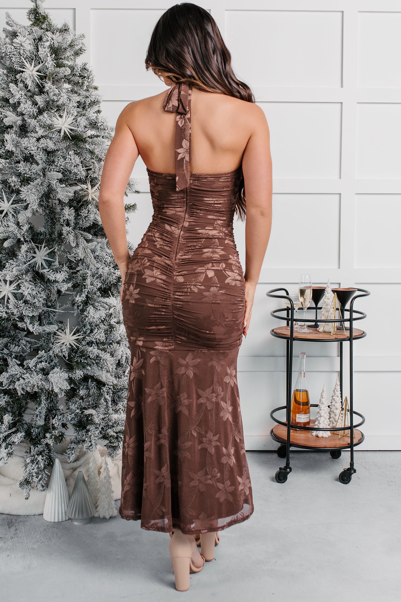 Late Night Lights Floral Halter Midi Dress (Chocolate) - NanaMacs