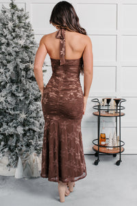 Late Night Lights Floral Halter Midi Dress (Chocolate) - NanaMacs