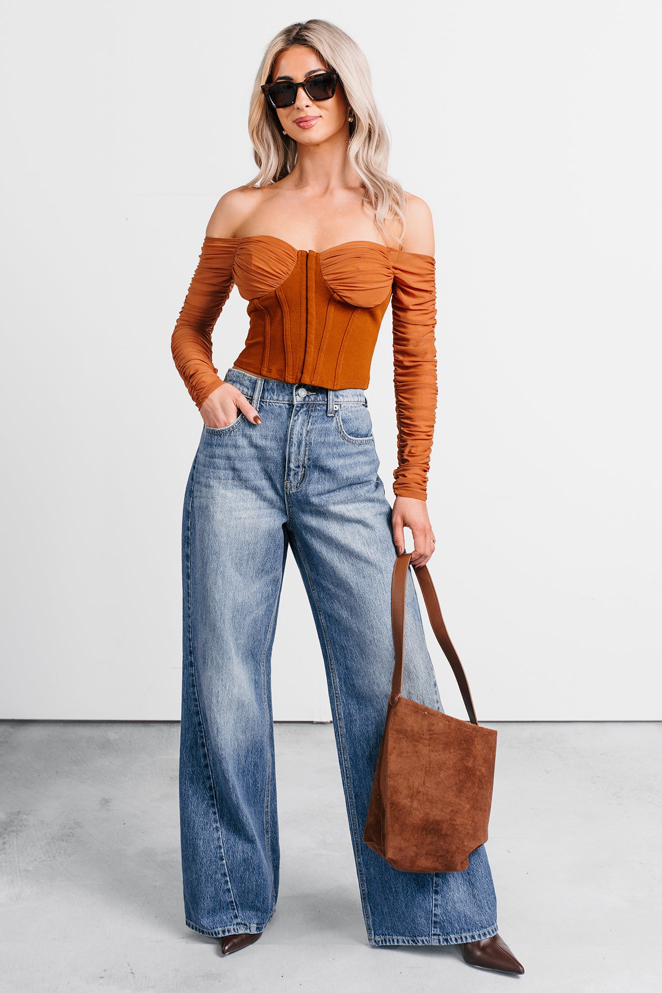 Her Reign Mesh Off The Shoulder Crop Top (Cappuccino) - NanaMacs