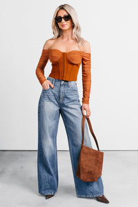 Her Reign Mesh Off The Shoulder Crop Top (Cappuccino) - NanaMacs
