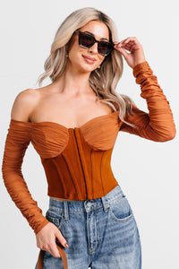 Her Reign Mesh Off The Shoulder Crop Top (Cappuccino) - NanaMacs