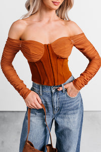 Her Reign Mesh Off The Shoulder Crop Top (Cappuccino) - NanaMacs