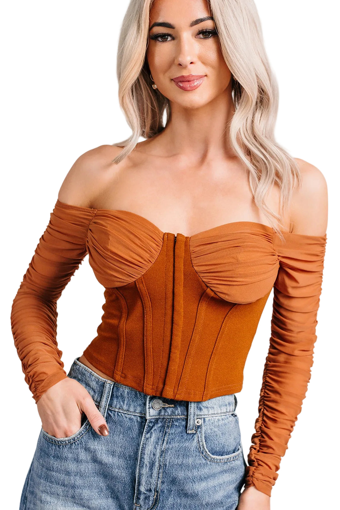 Her Reign Mesh Off The Shoulder Crop Top (Cappuccino) - NanaMacs