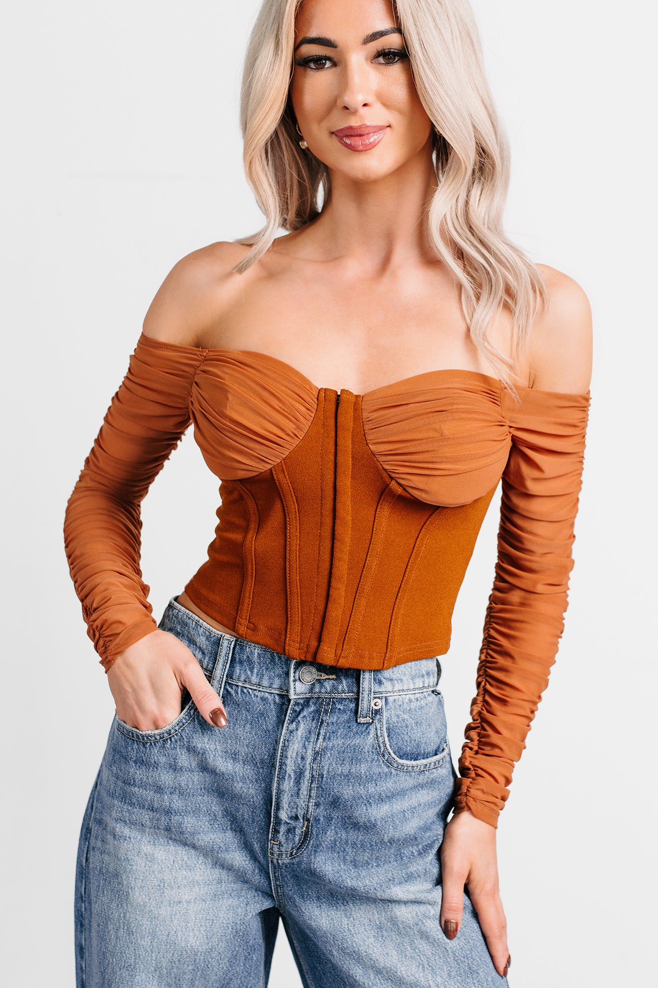 Her Reign Mesh Off The Shoulder Crop Top (Cappuccino) - NanaMacs