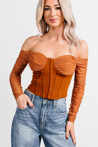 Her Reign Mesh Off The Shoulder Crop Top (Cappuccino) - NanaMacs