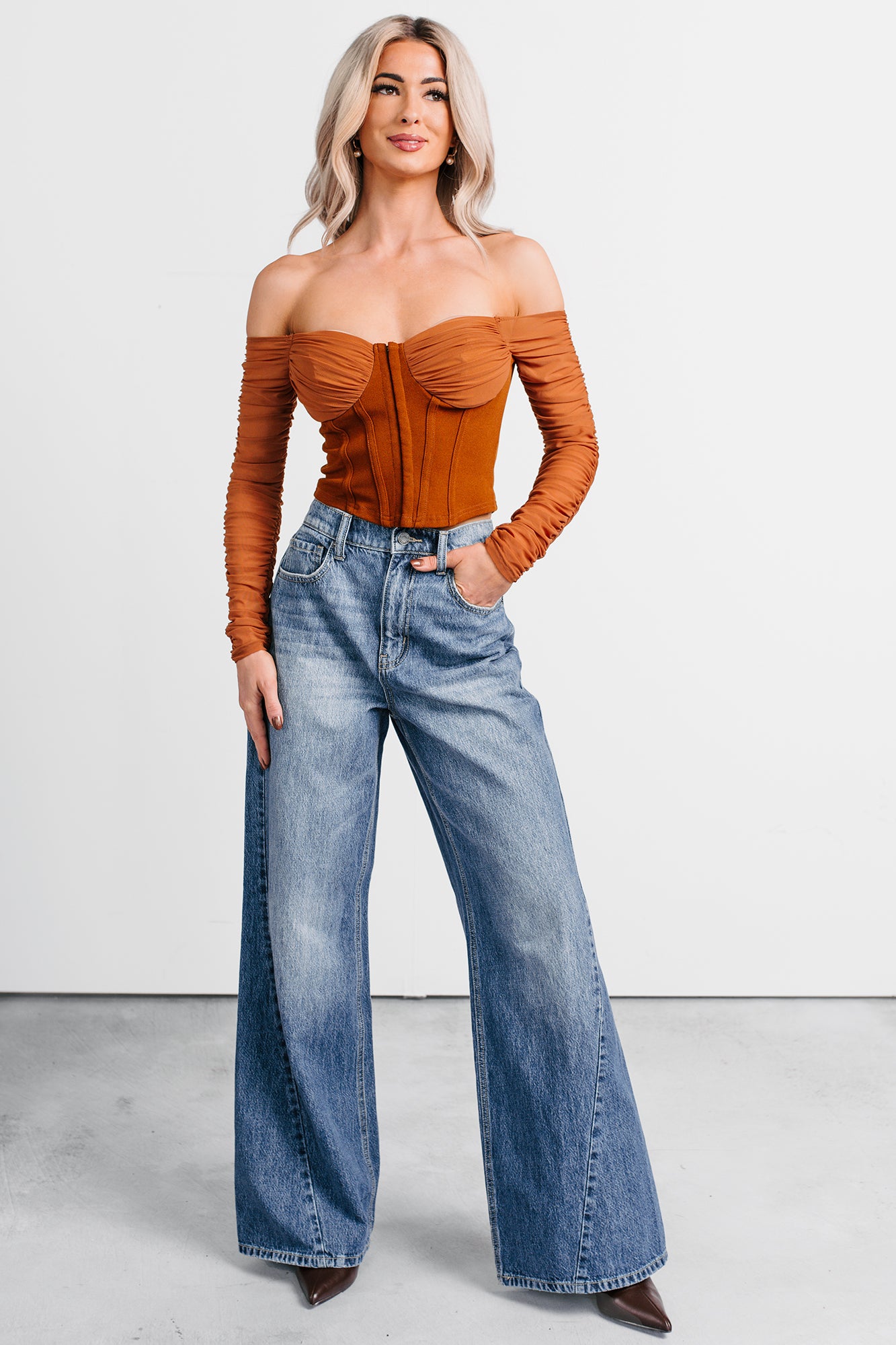 Her Reign Mesh Off The Shoulder Crop Top (Cappuccino) · NanaMacs