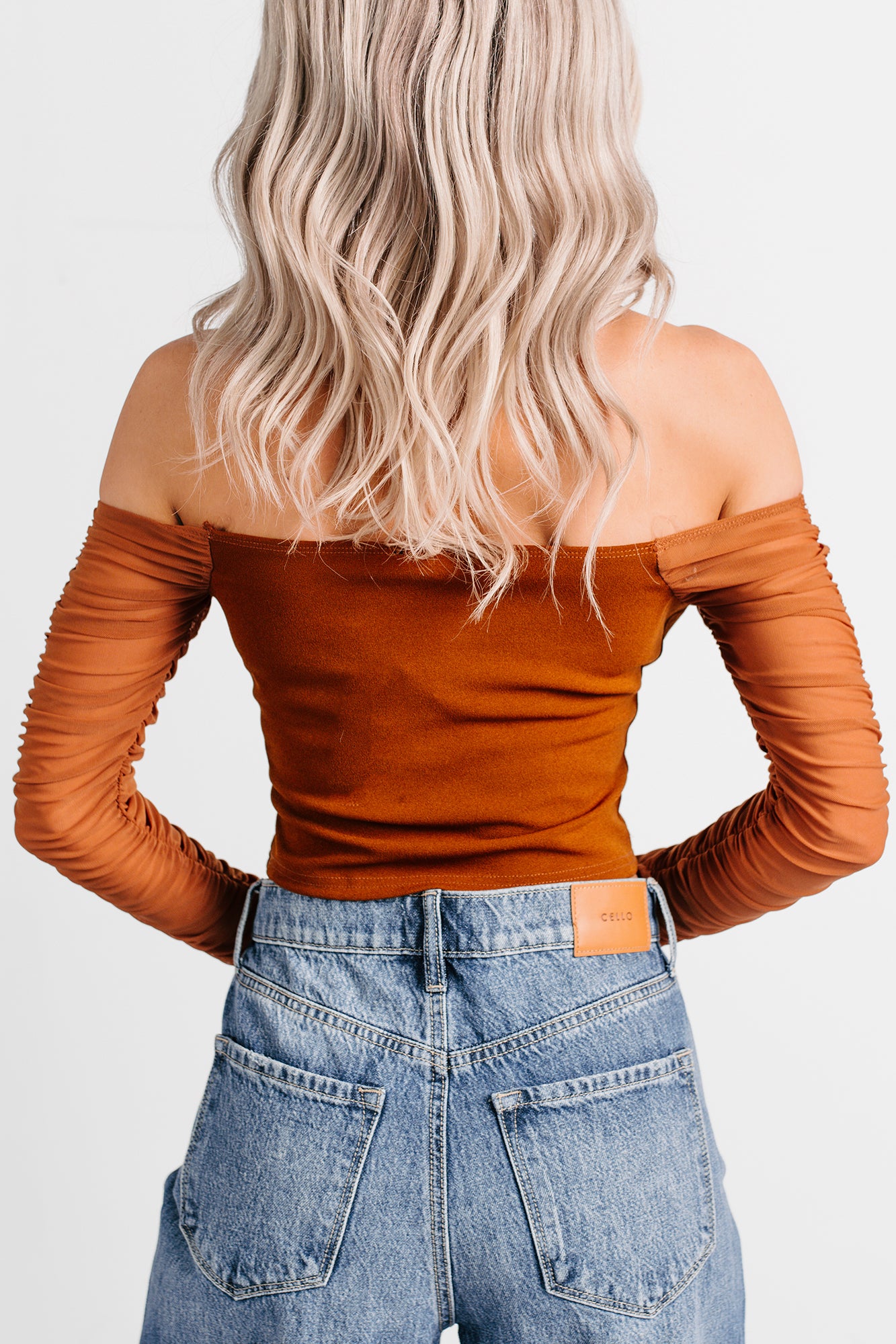 Her Reign Mesh Off The Shoulder Crop Top (Cappuccino) - NanaMacs