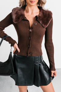 Luxe Ambition Fur Collar Knit Sweater (Brown) - NanaMacs
