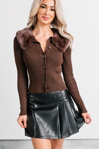 Luxe Ambition Fur Collar Knit Sweater (Brown) - NanaMacs