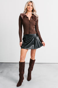 Luxe Ambition Fur Collar Knit Sweater (Brown) - NanaMacs