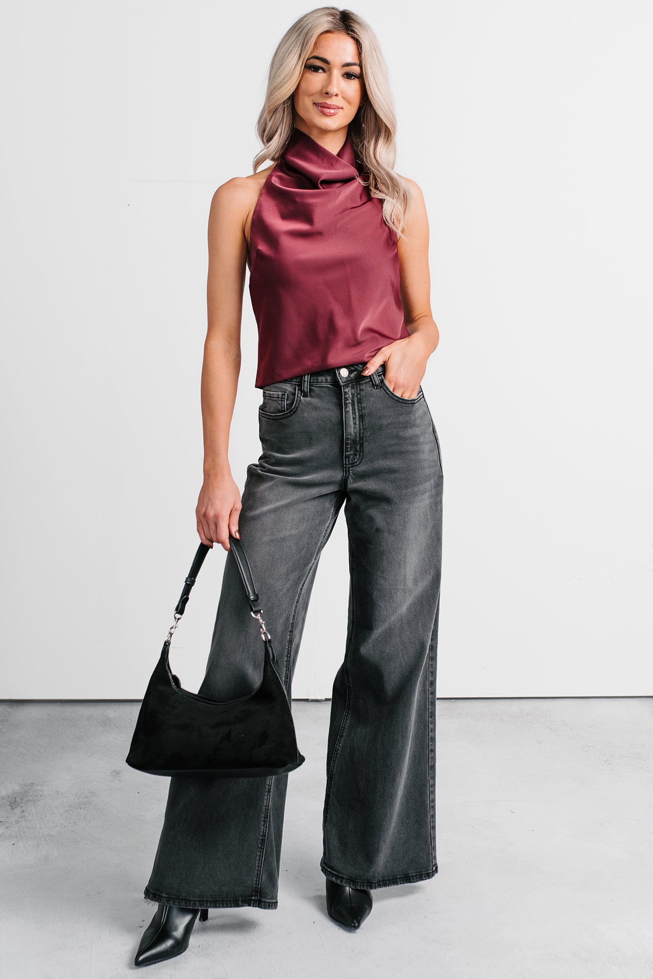 Tastefully Done Sleeveless Halter Top (Wine) - NanaMacs