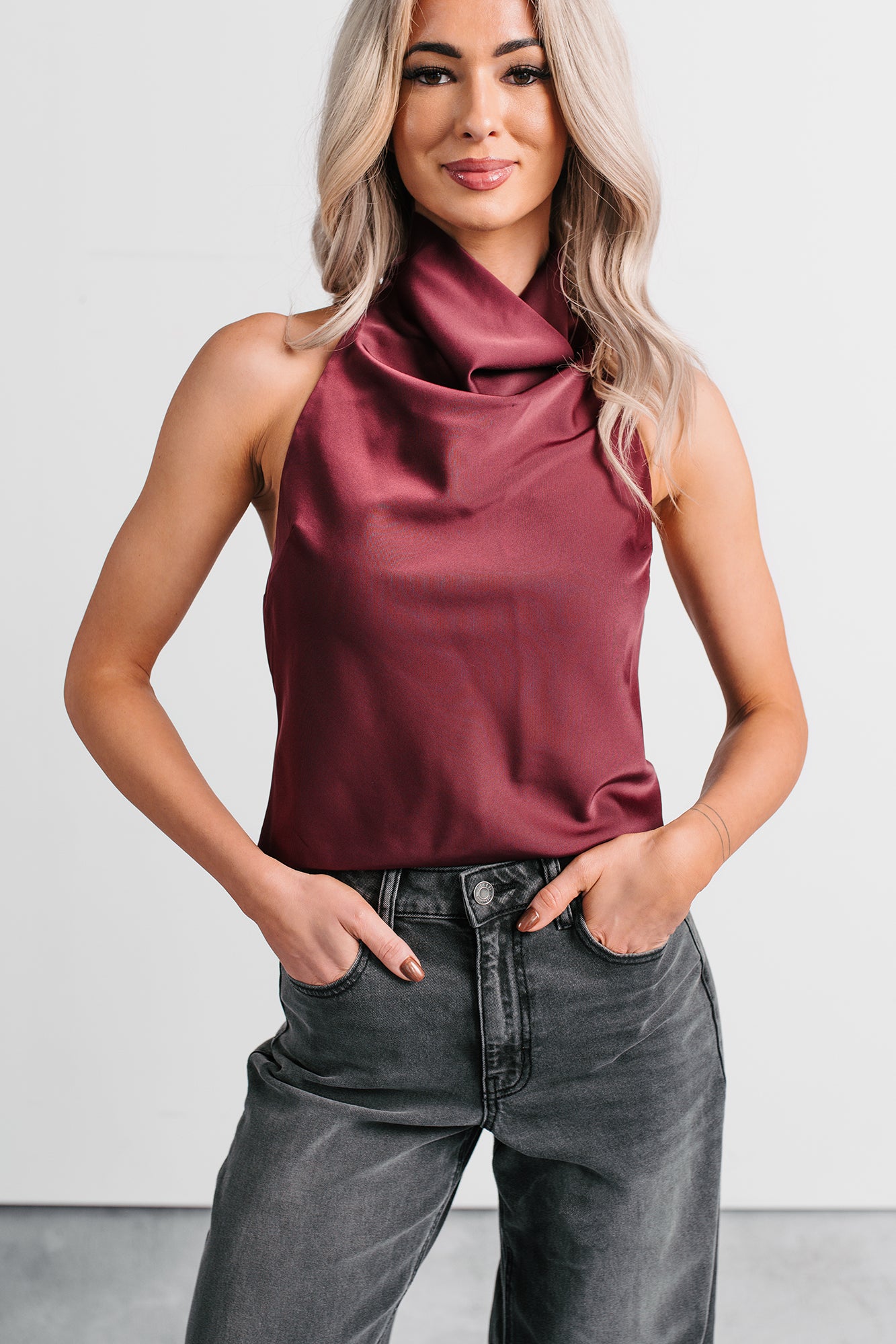 Tastefully Done Sleeveless Halter Top (Wine) - NanaMacs