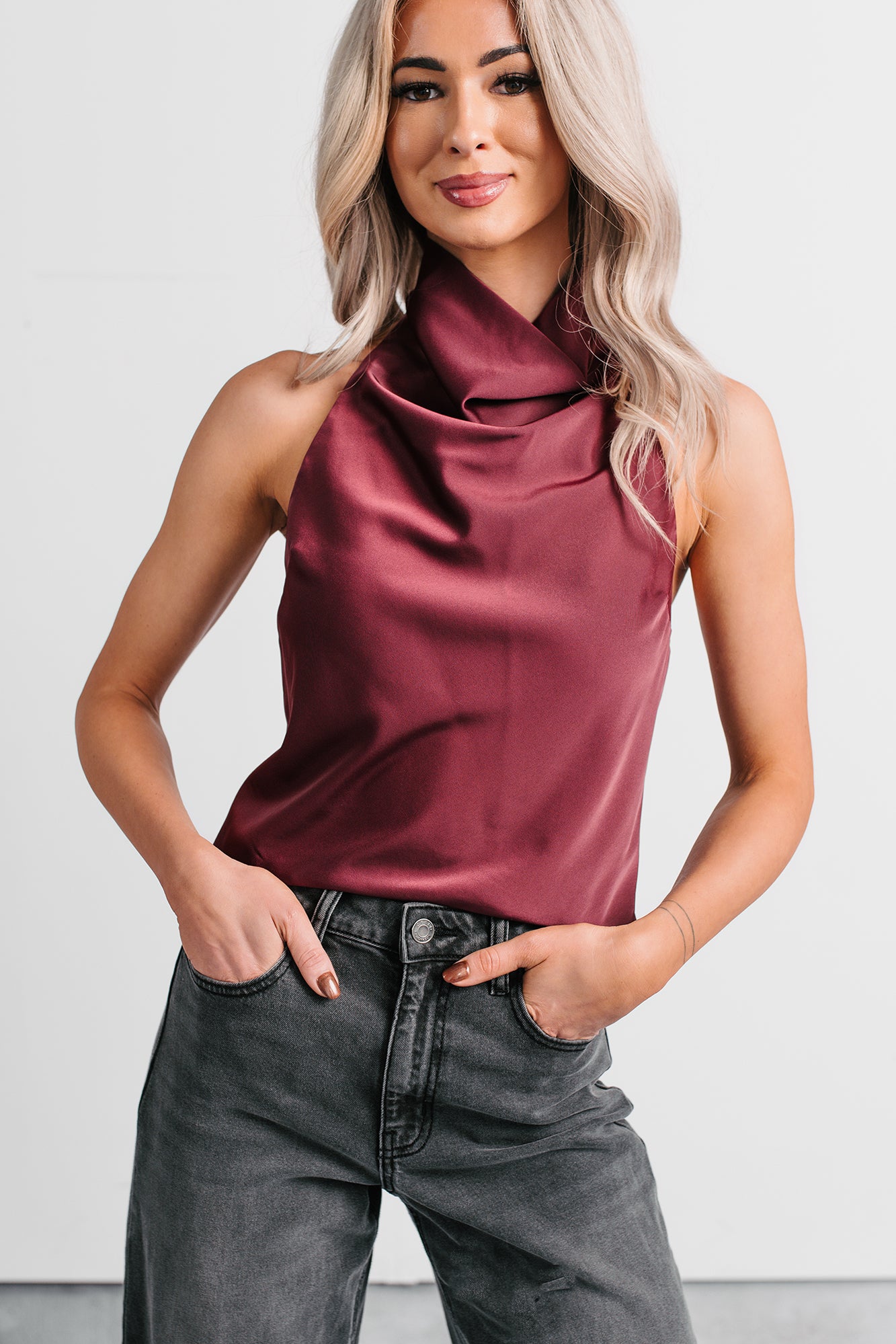 Tastefully Done Sleeveless Halter Top (Wine) - NanaMacs