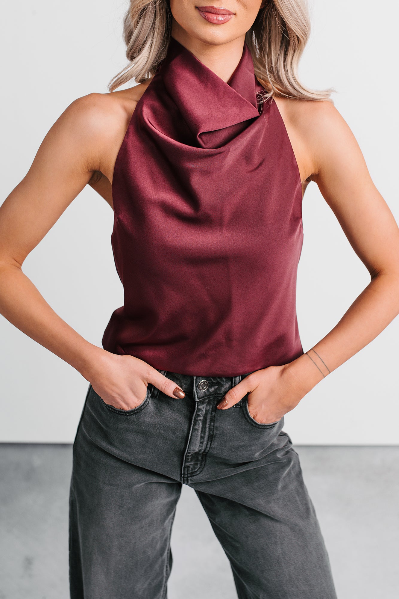 Tastefully Done Sleeveless Halter Top (Wine) - NanaMacs