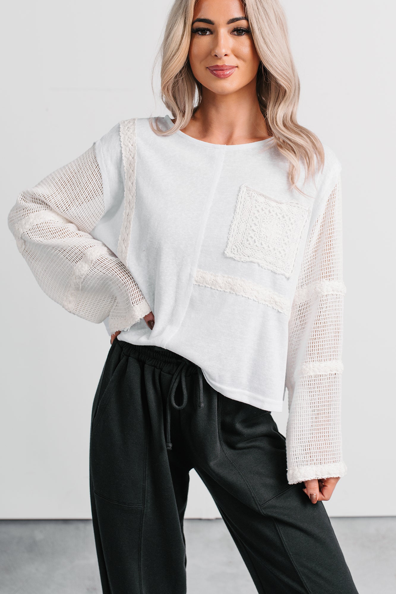 Let’s Stay In Crochet Patchwork POL Top (Off-White) - NanaMacs