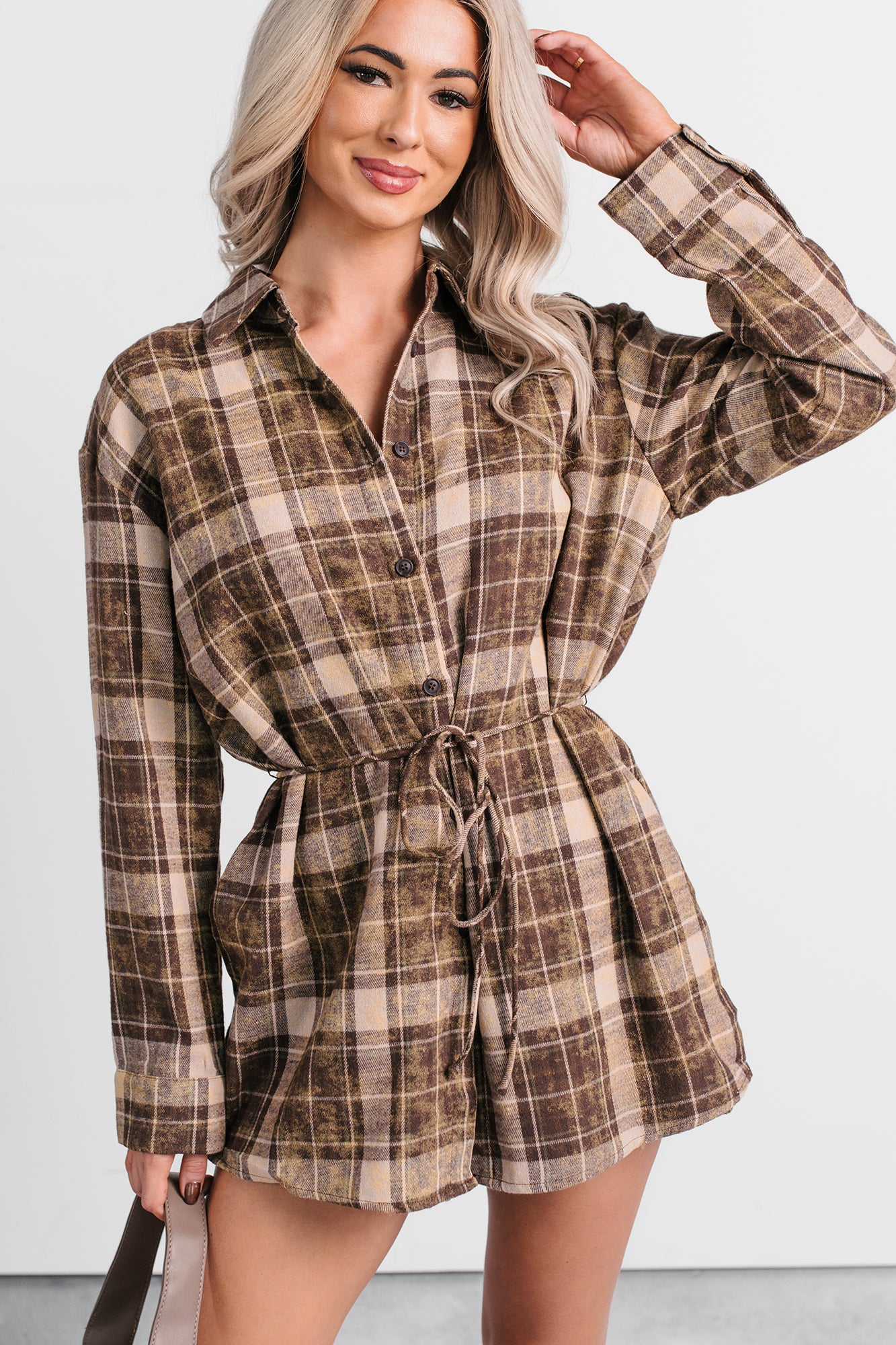 Grounded Ease Waist Tie Plaid Romper (Brown) - NanaMacs