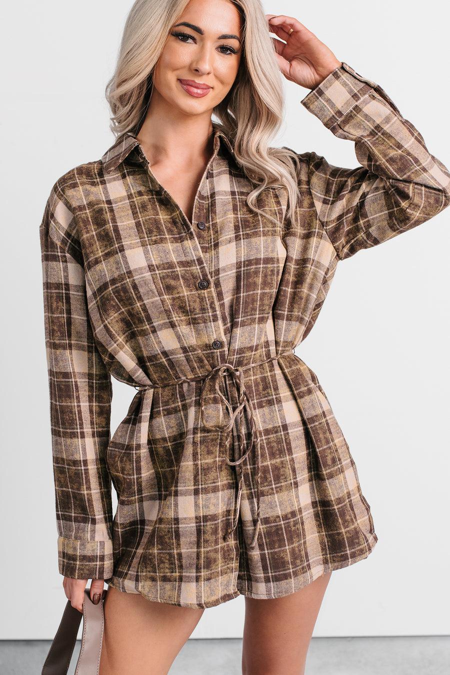 Grounded Ease Waist Tie Plaid Romper (Brown) · NanaMacs