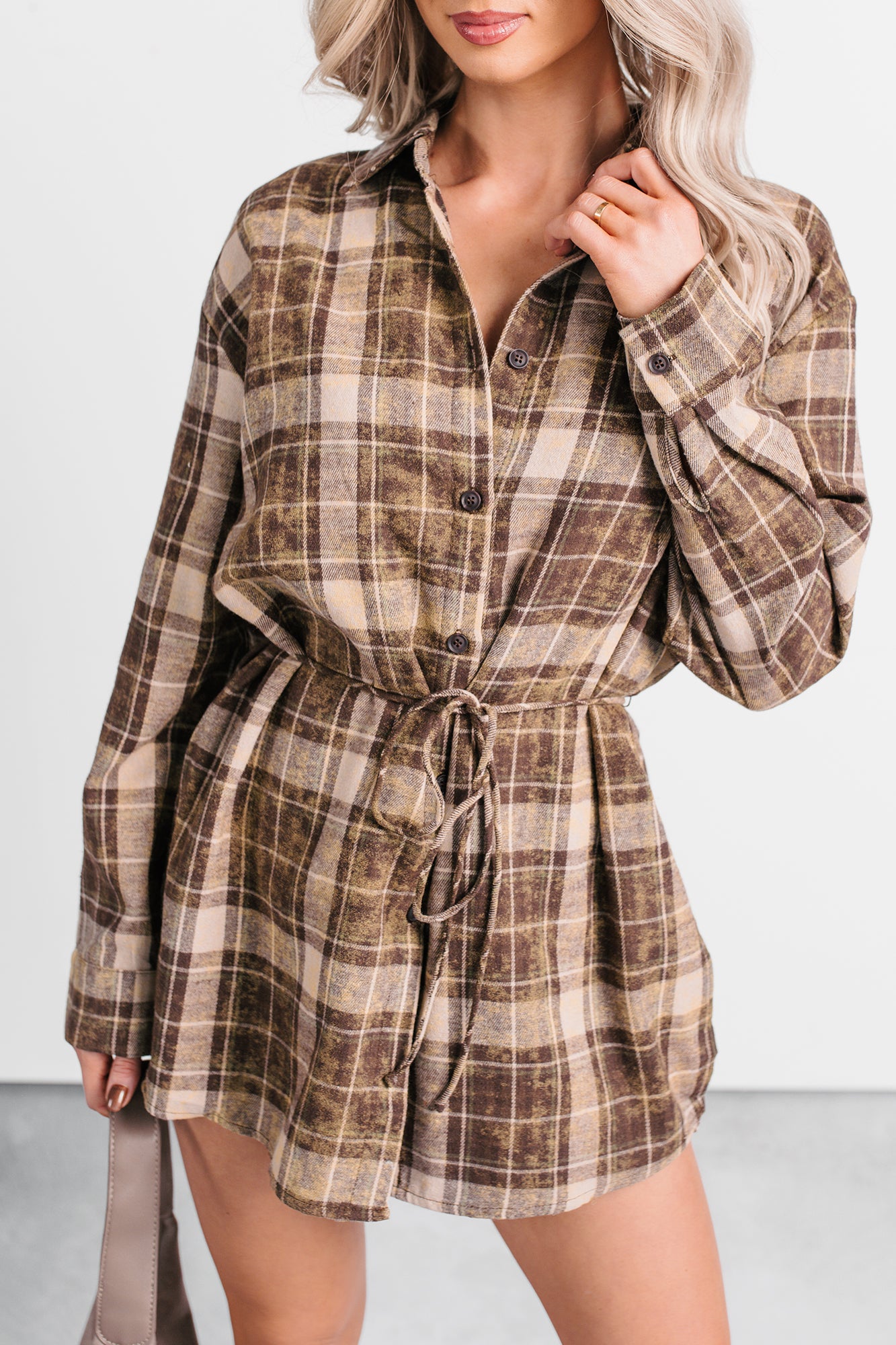 Grounded Ease Waist Tie Plaid Romper (Brown) - NanaMacs