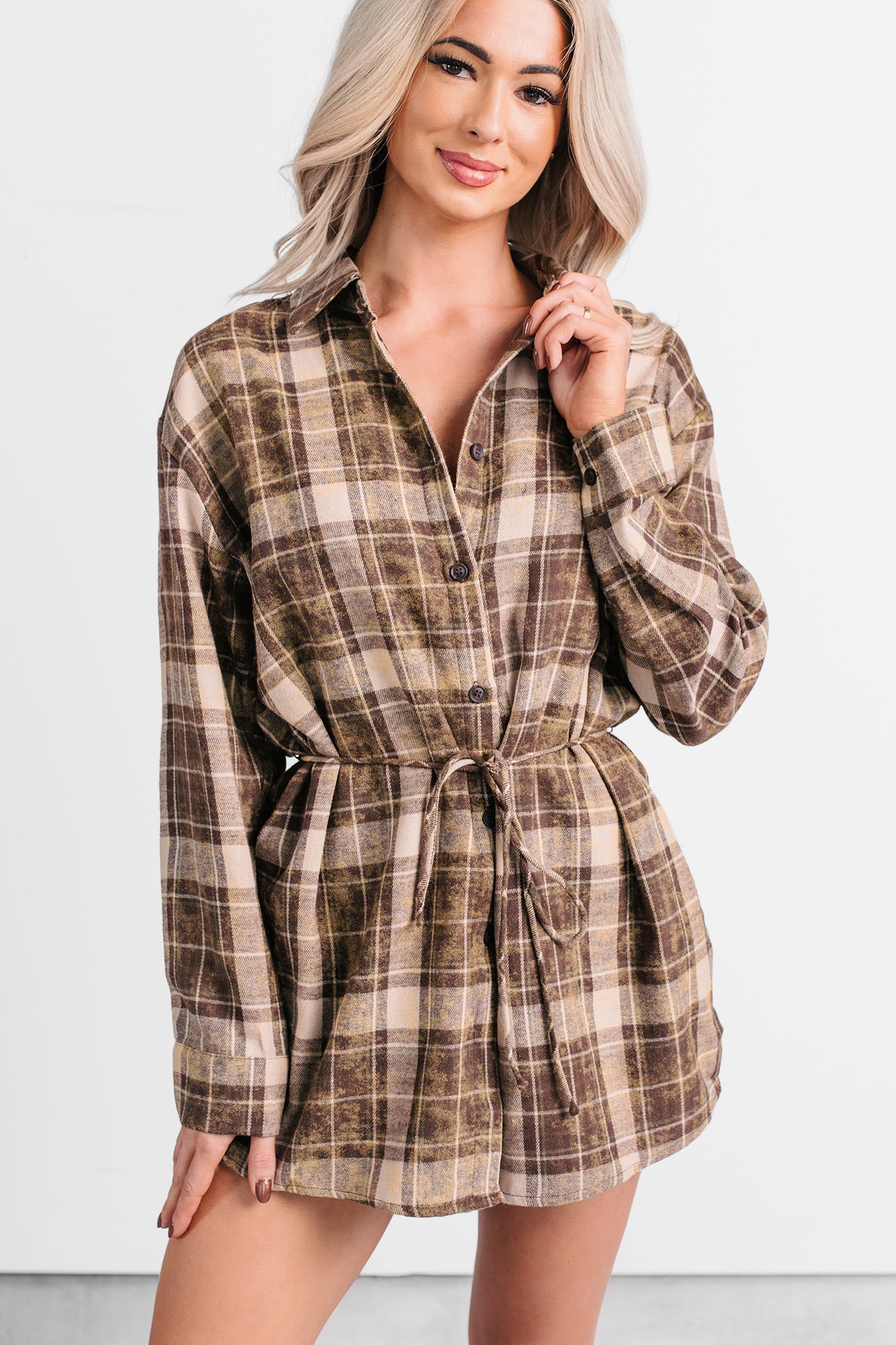 Grounded Ease Waist Tie Plaid Romper (Brown) - NanaMacs