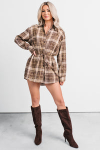 Grounded Ease Waist Tie Plaid Romper (Brown) - NanaMacs