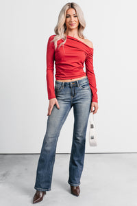 Just Lovely One Shoulder Long Sleeve Top (Red Burgundy) - NanaMacs