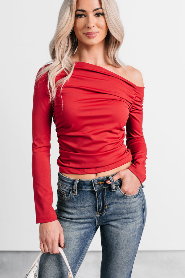 Just Lovely One Shoulder Long Sleeve Top (Red Burgundy)