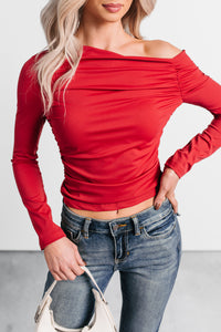 Just Lovely One Shoulder Long Sleeve Top (Red Burgundy) - NanaMacs