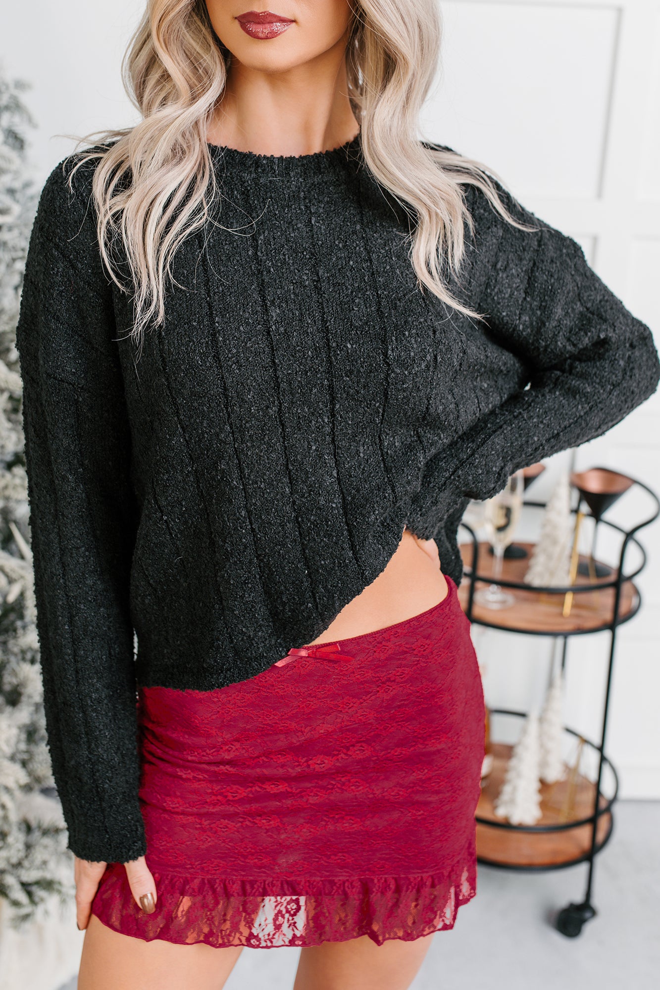 Cozy Intentions Rib Texture Crew Neck Sweater (Black) - NanaMacs